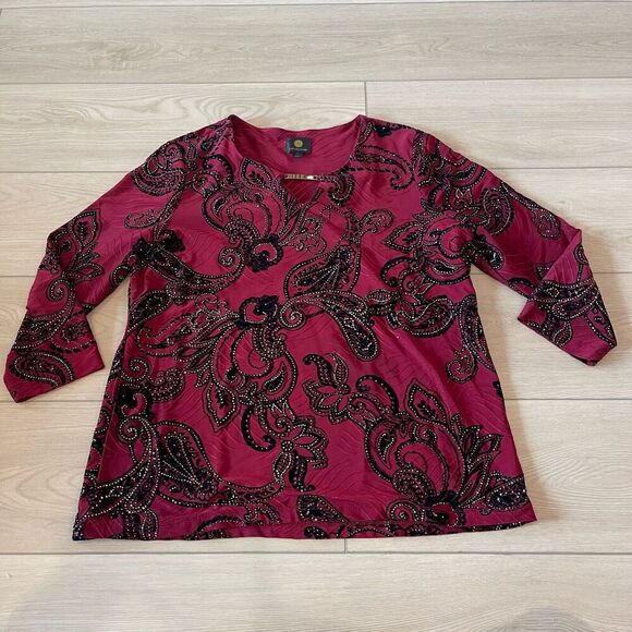 JM Collection‎ Womens Blouse PL Red/Black Velvet Beaded Paisley dark academia - Picture 1 of 8